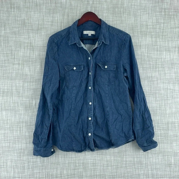Loft Shirt Button Down Long Sleeve Womens Size L blue lyocell 2834 - Picture 1 of 7